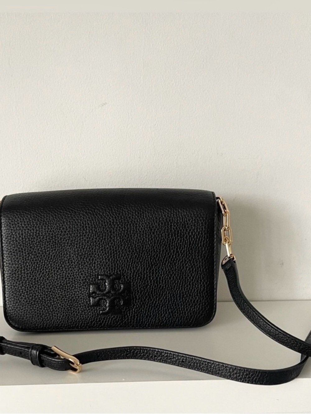 Tory Burch Black Pebbled Leather Logo Crossbody with Gold Hardware